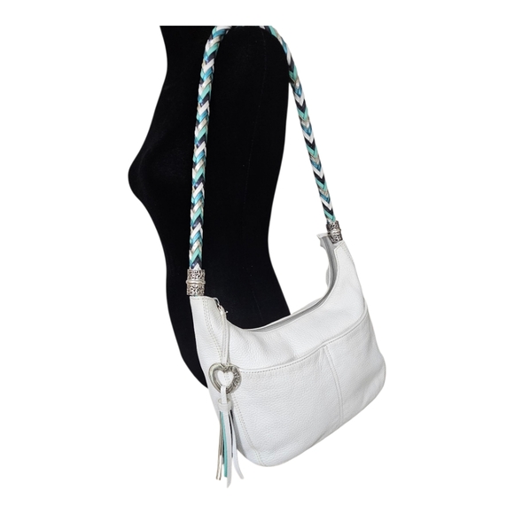 BRIGHTON BARBADOS Ziptop Hobo Shoulder Bag. White with Teal & Silver. - Picture 3 of 4